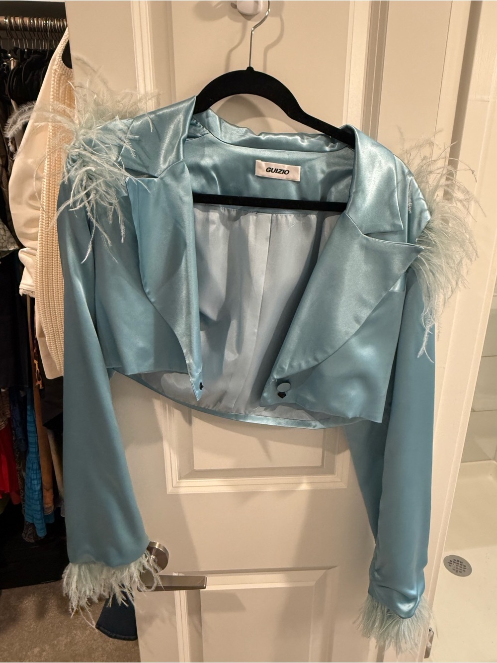 Guizzo Light Blue Satin Feather-Trim Cropped Blazer